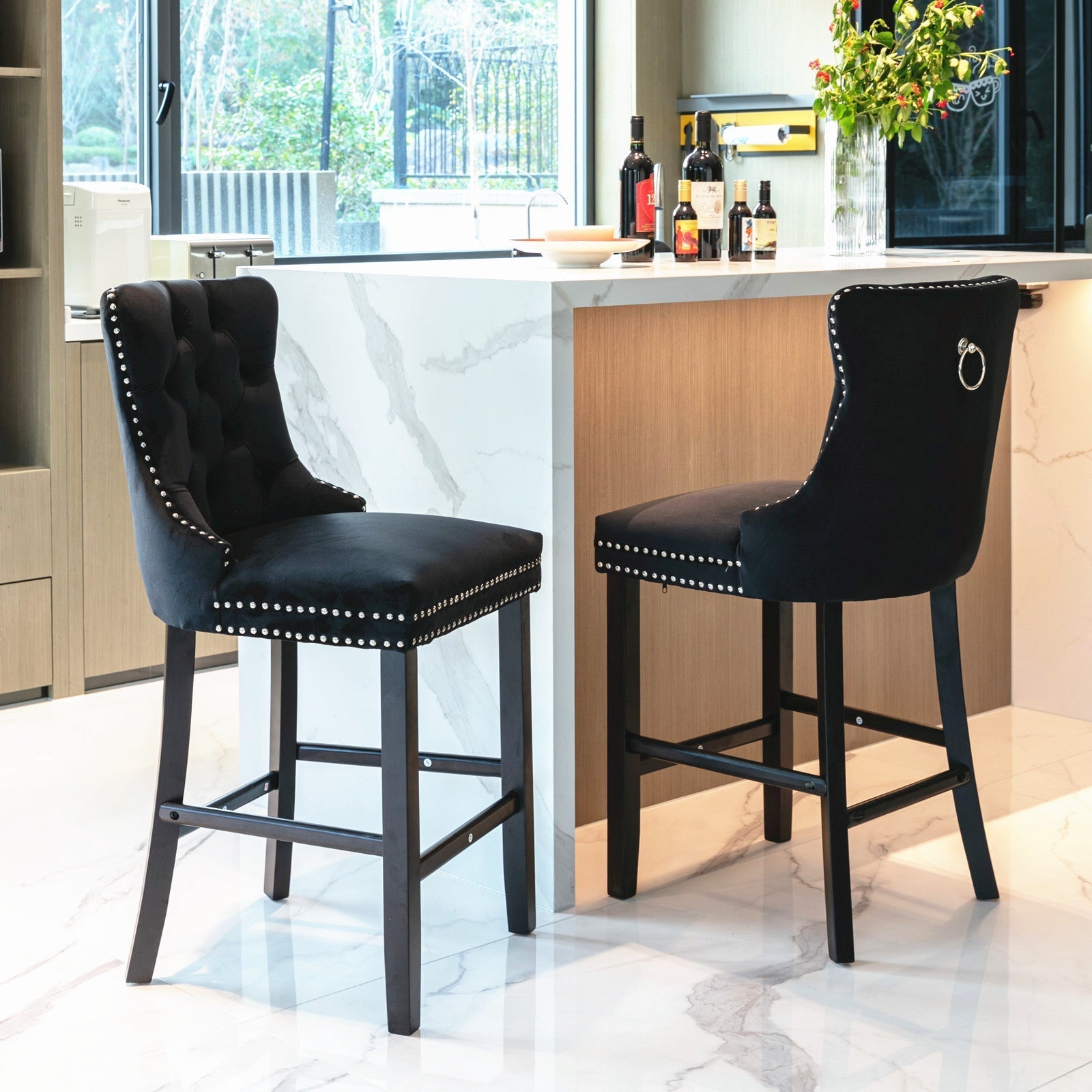 2X Velvet Bar Stools with Studs Trim Wooden Legs Tufted Dining Chairs Kitchen - Black Does not apply