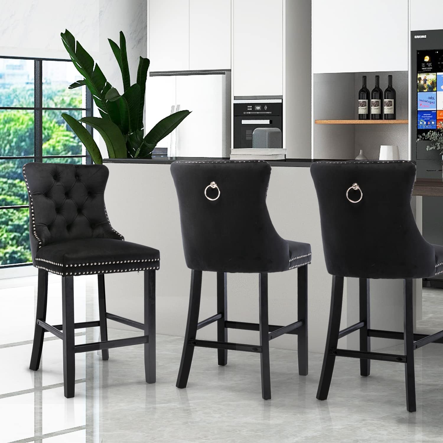2X Velvet Bar Stools with Studs Trim Wooden Legs Tufted Dining Chairs Kitchen - Black Does not apply