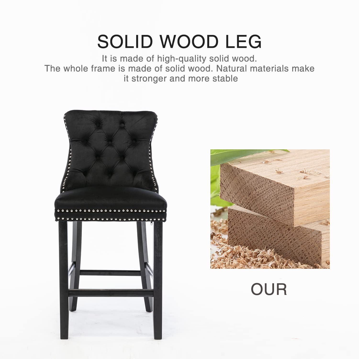 2X Velvet Bar Stools with Studs Trim Wooden Legs Tufted Dining Chairs Kitchen - Black Does not apply
