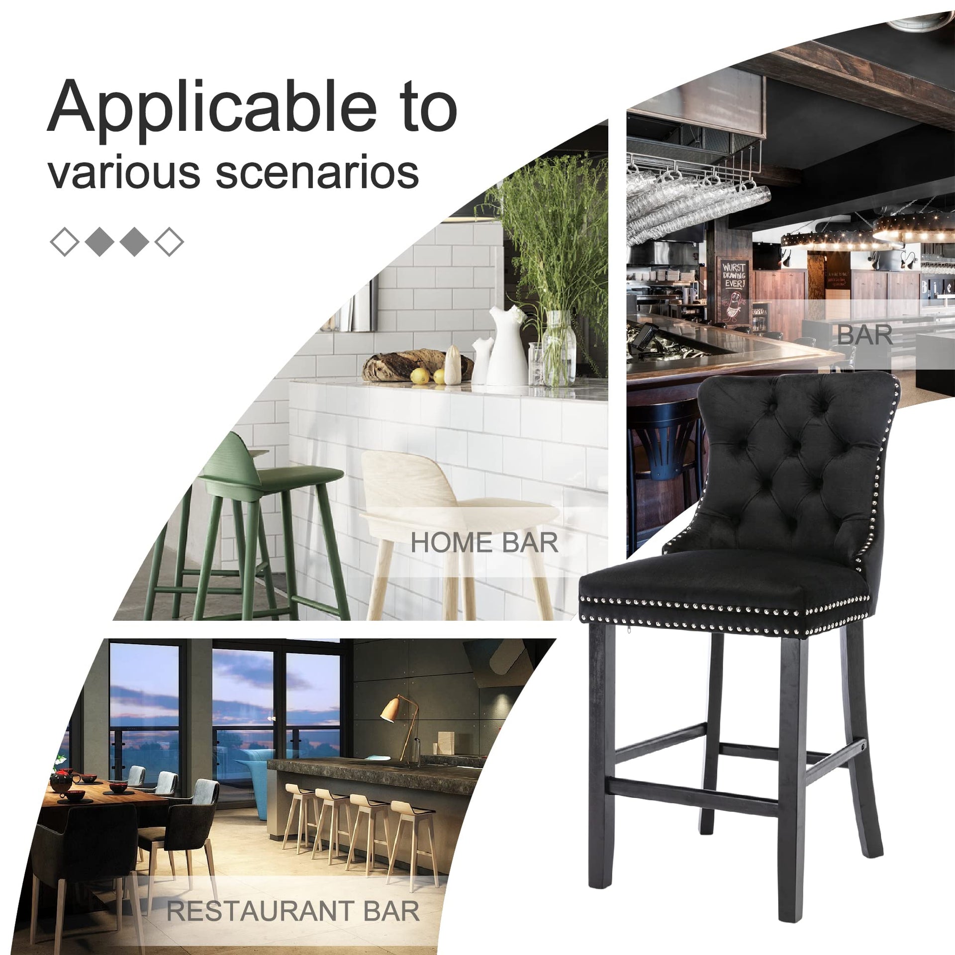 2X Velvet Bar Stools with Studs Trim Wooden Legs Tufted Dining Chairs Kitchen - Black Does not apply