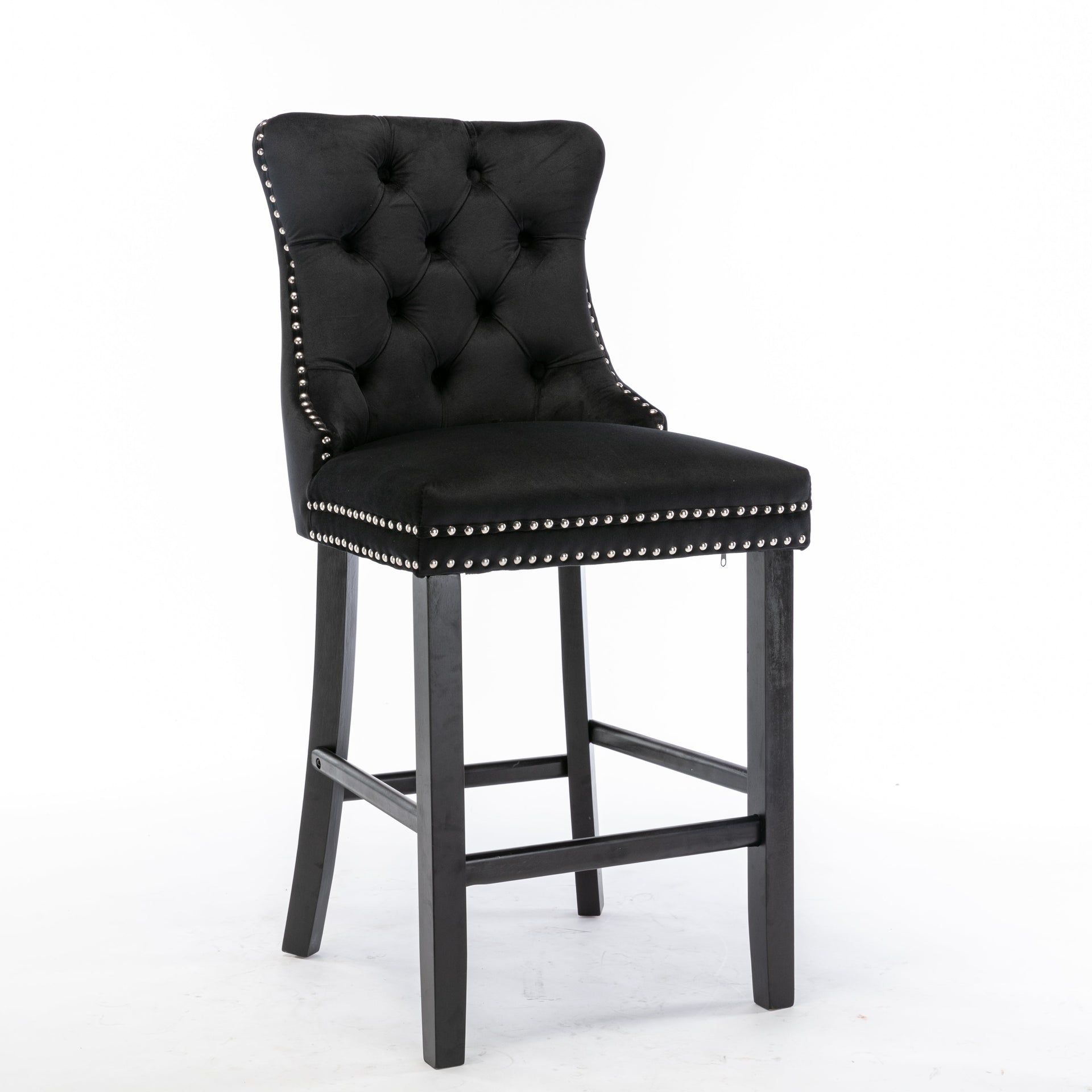 2X Velvet Bar Stools with Studs Trim Wooden Legs Tufted Dining Chairs Kitchen - Black Does not apply