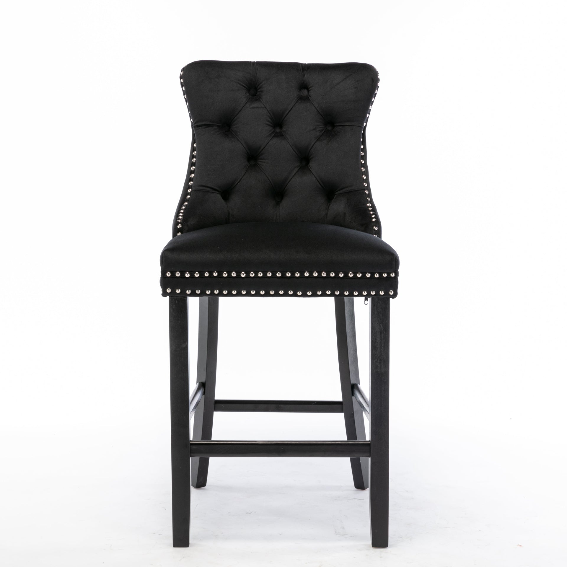 2X Velvet Bar Stools with Studs Trim Wooden Legs Tufted Dining Chairs Kitchen - Black Does not apply