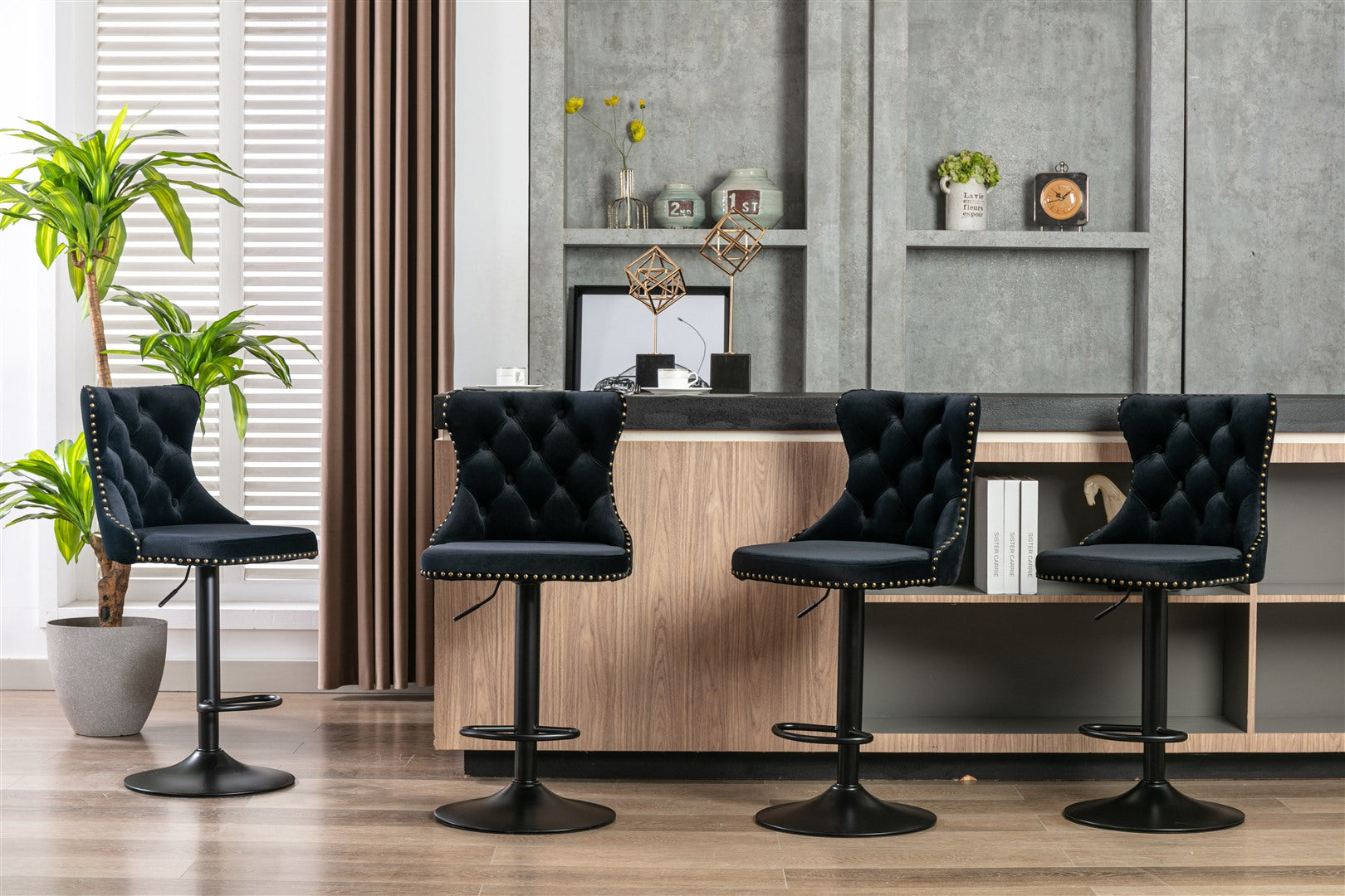 4x Height Adjustable Swivel Bar Stool Velvet Nailhead Barstool with Footrest Does not apply