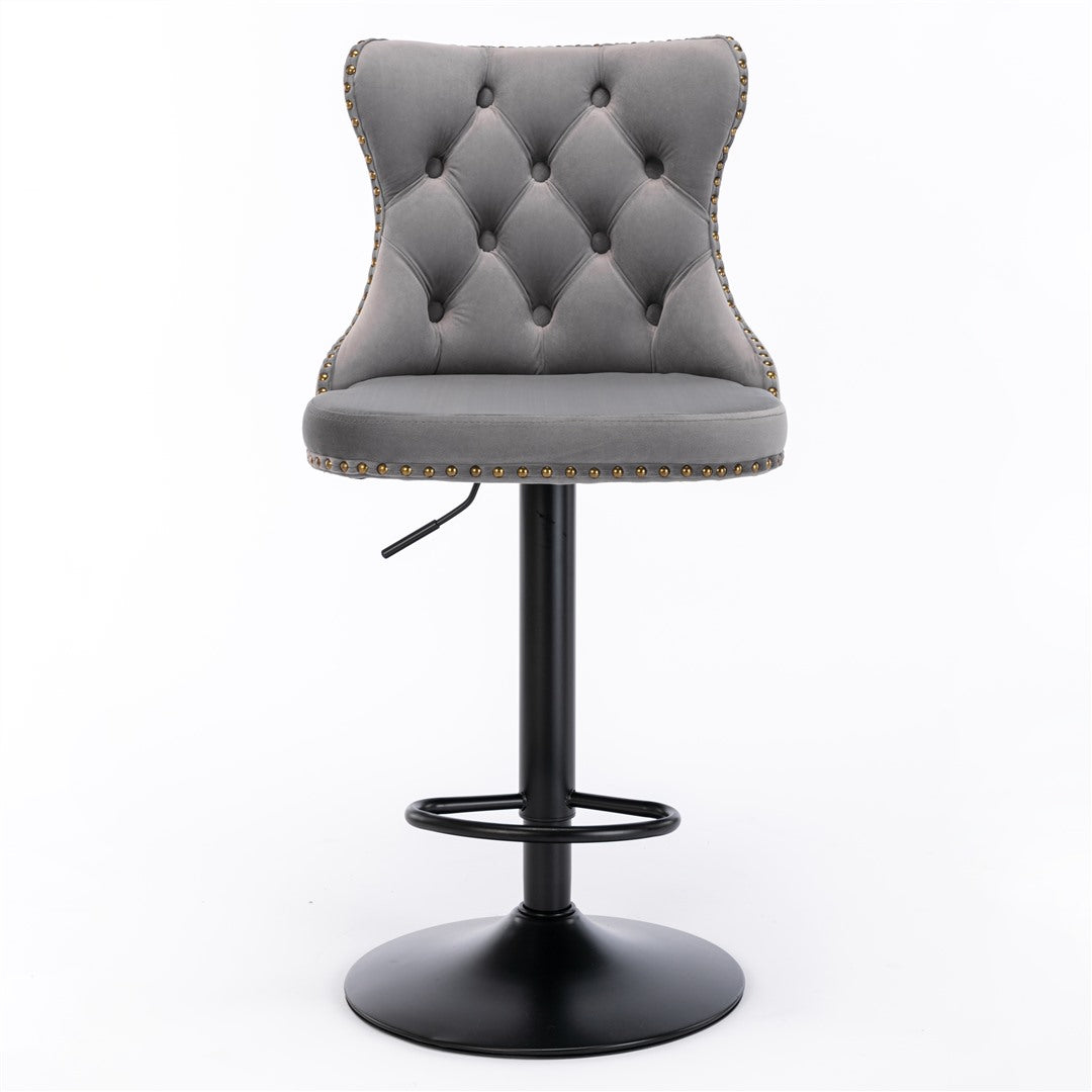 2x Height Adjustable Swivel Bar Stool Velvet Nailhead Barstool with Footrest Does not apply