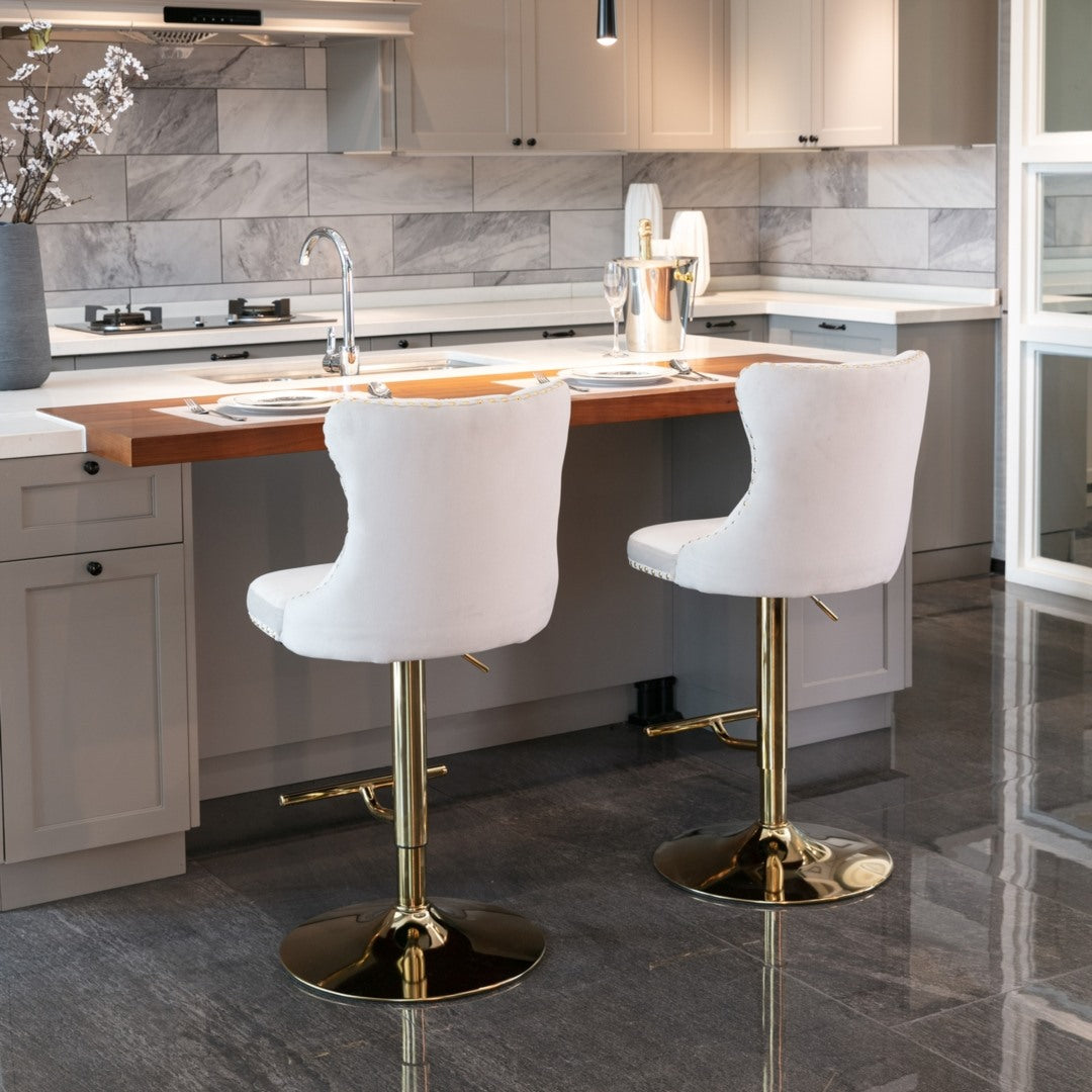2x Height Adjustable Swivel Bar Stool Velvet Studs Barstool with Footrest and Golden Base- Beige Artiss