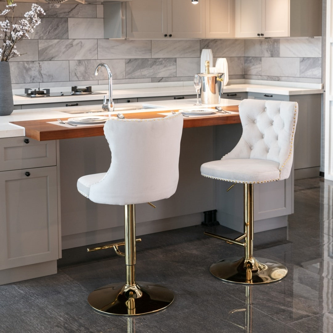 2x Height Adjustable Swivel Bar Stool Velvet Studs Barstool with Footrest and Golden Base- Beige Artiss