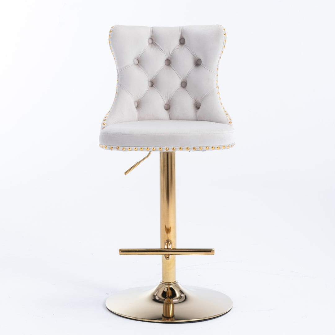 2x Height Adjustable Swivel Bar Stool Velvet Studs Barstool with Footrest and Golden Base- Beige Artiss