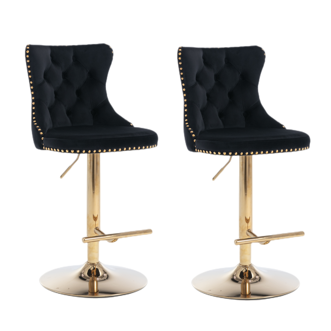 2x Height Adjustable Swivel Bar Stool Velvet Studs Barstool with Footrest and Golden Base- Black Does not apply