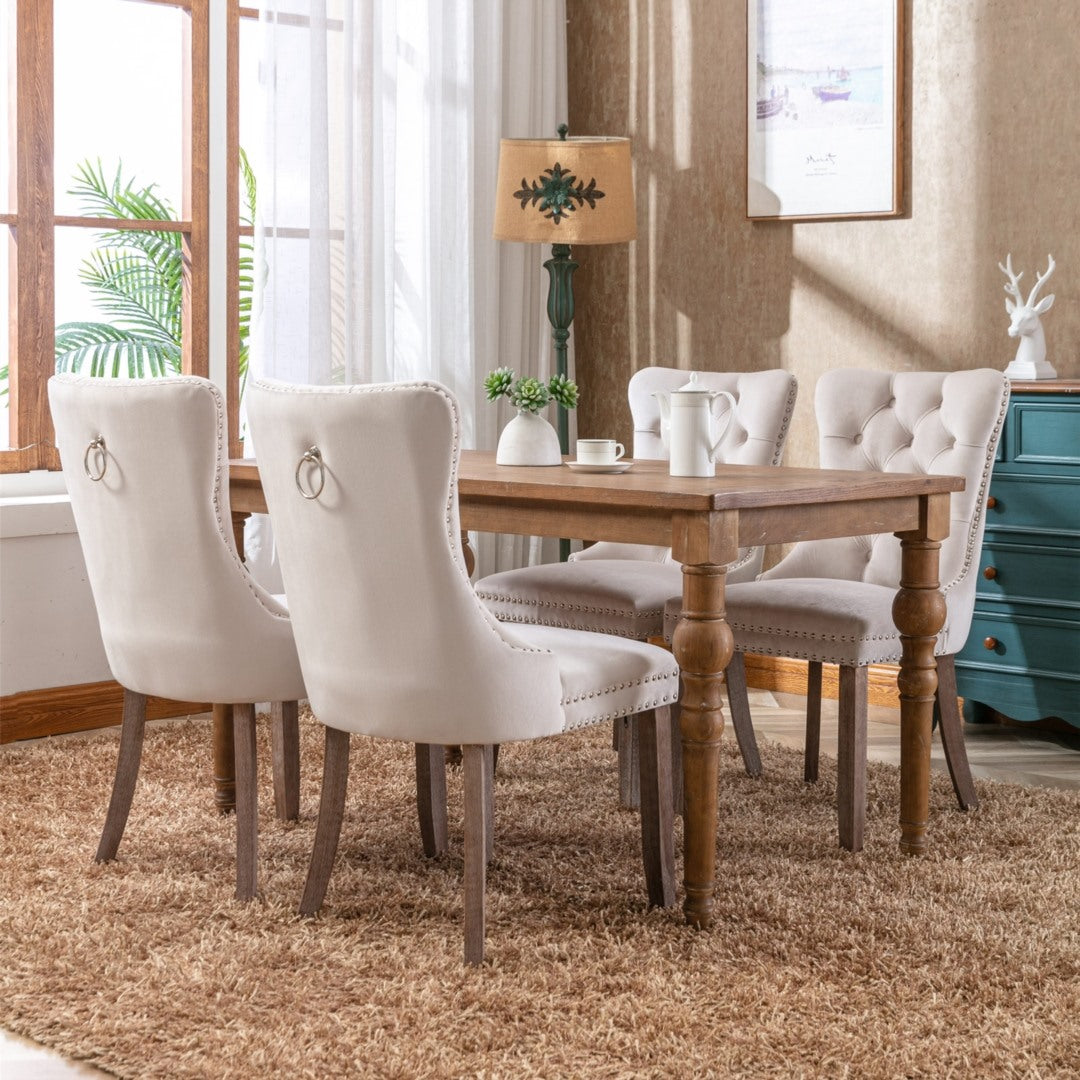 2x Velvet Dining Chairs Upholstered Tufted Kithcen Chair with Solid Wood Legs Stud Trim and Ring-Beige Artiss