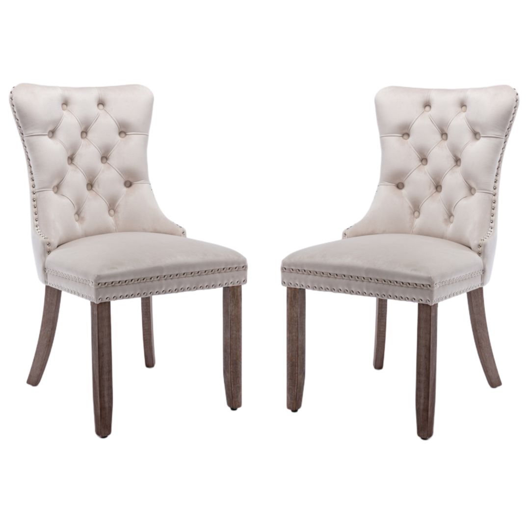 2x Velvet Dining Chairs Upholstered Tufted Kithcen Chair with Solid Wood Legs Stud Trim and Ring-Beige Artiss