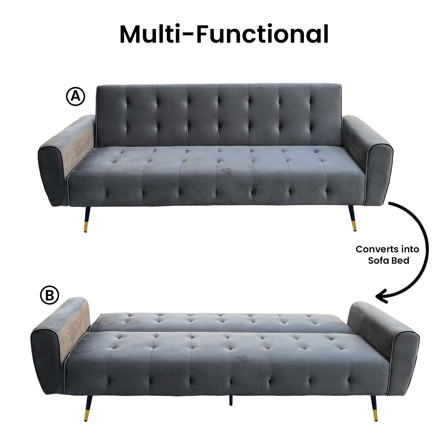 Sarantino Ava 3-seater Tufted Velvet Sofa Bed By Sarantino - Dark Grey Sarantino