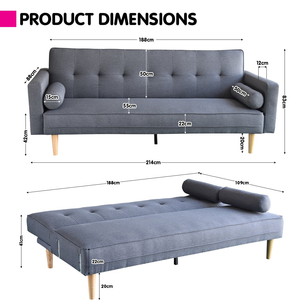 Sarantino Madison Sofa Bed Lounge Couch Futon Furniture Home Dark Grey Linen Suite Sarantino