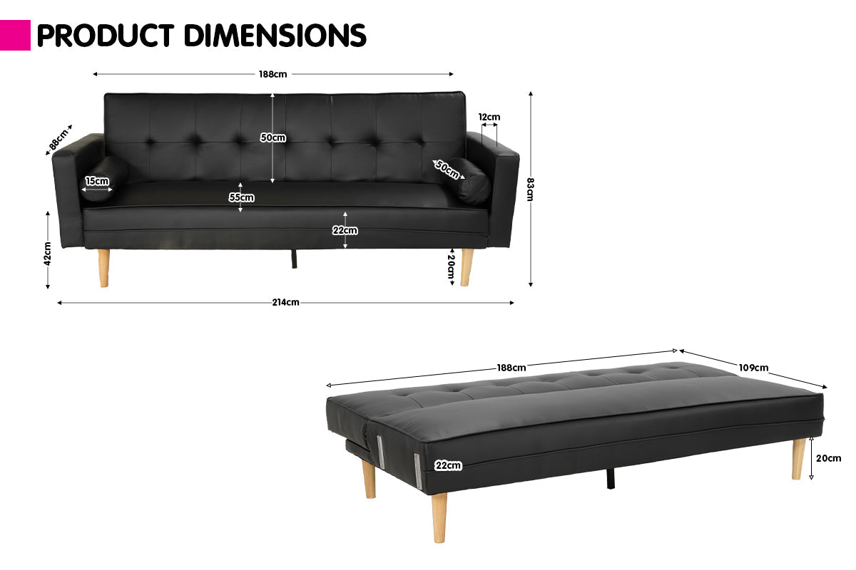 Sarantino Madison Faux Leather Sofa Bed Lounge Couch Futon Furniture Home Suite - Black Sarantino