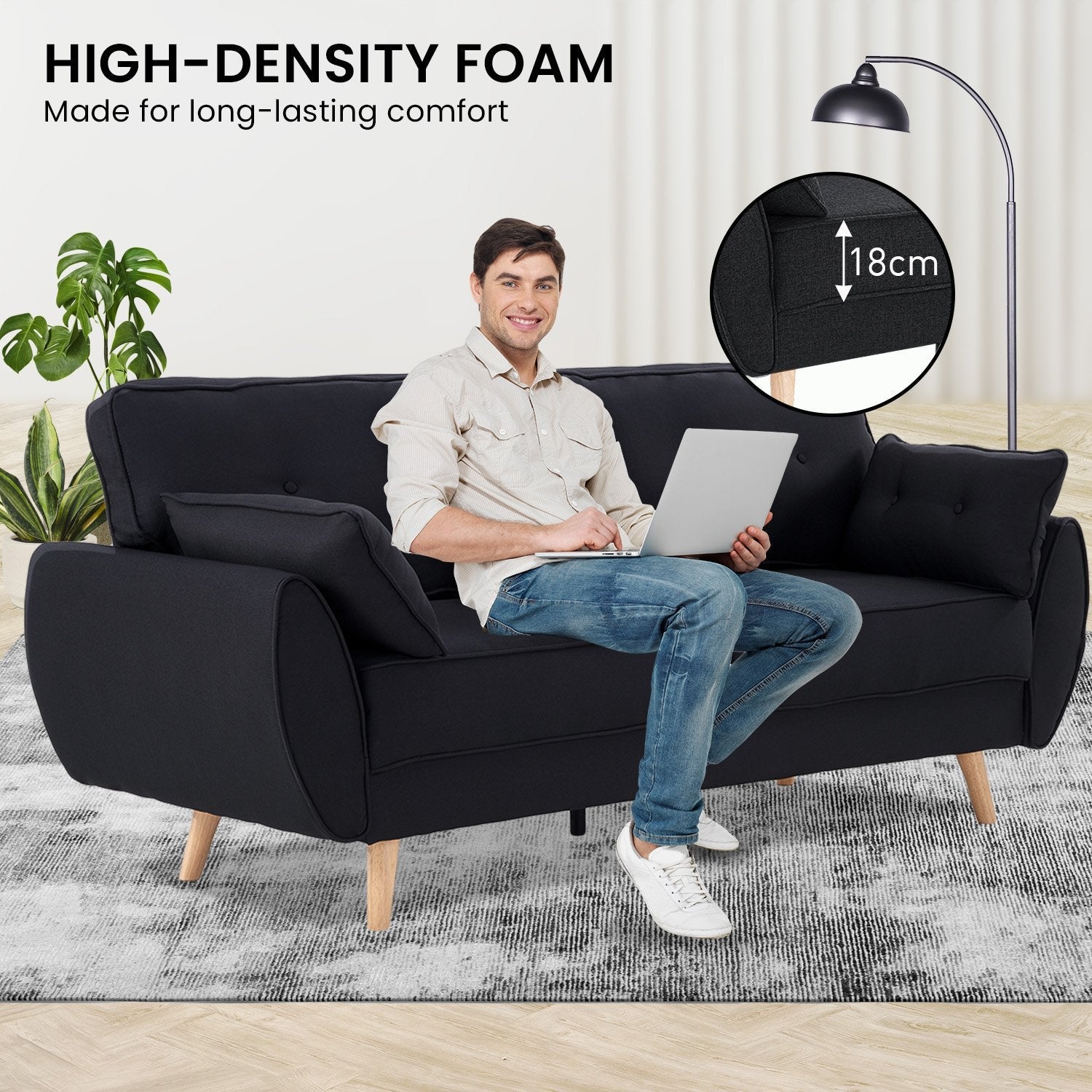 Sarantino 3 Seater Modular Linen Fabric Sofa Bed Couch Futon Suite - Black Sarantino