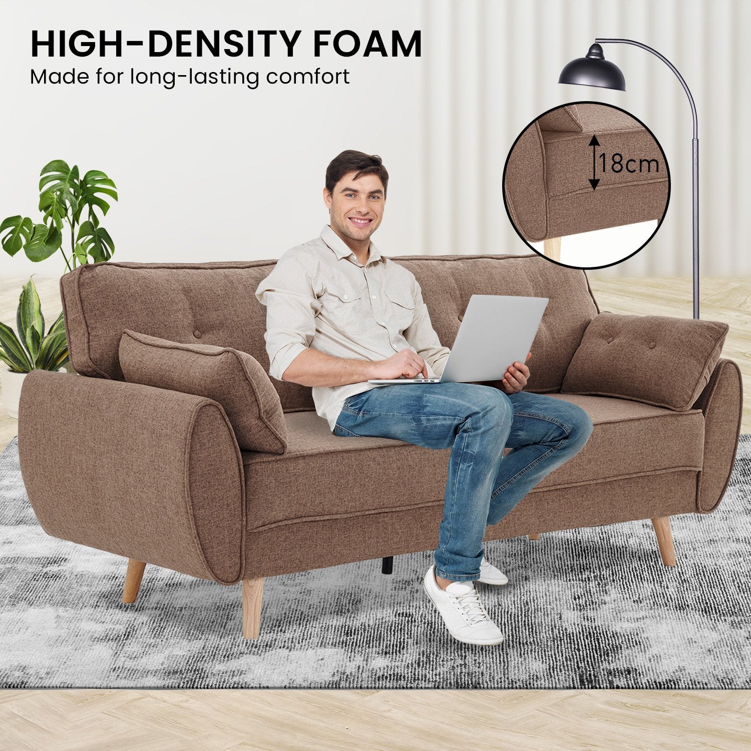Sarantino 3 Seater Modular Linen Fabric Sofa Bed Couch Futon Suite - Brown Sarantino