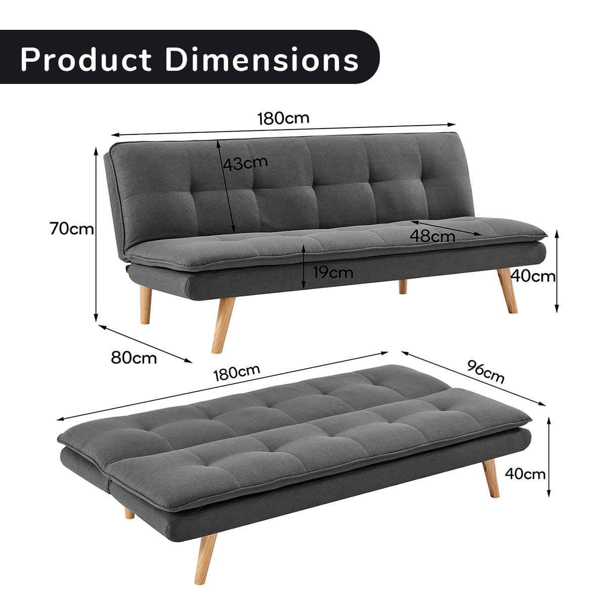 Sarantino 3 Seater Linen Sofa Bed Couch Lounge Futon - Dark Grey Sarantino