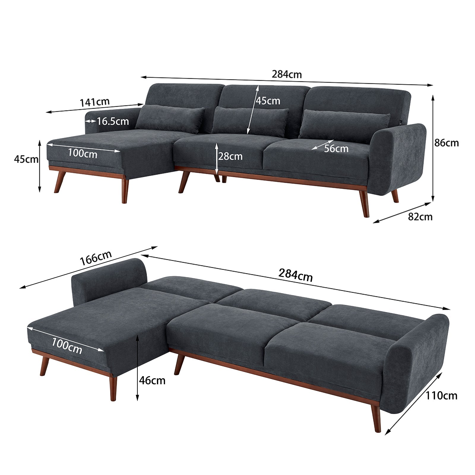 Sarantino Faux Velvet Sofa Bed Couch Lounge Chaise Cushions Dark Grey Sarantino