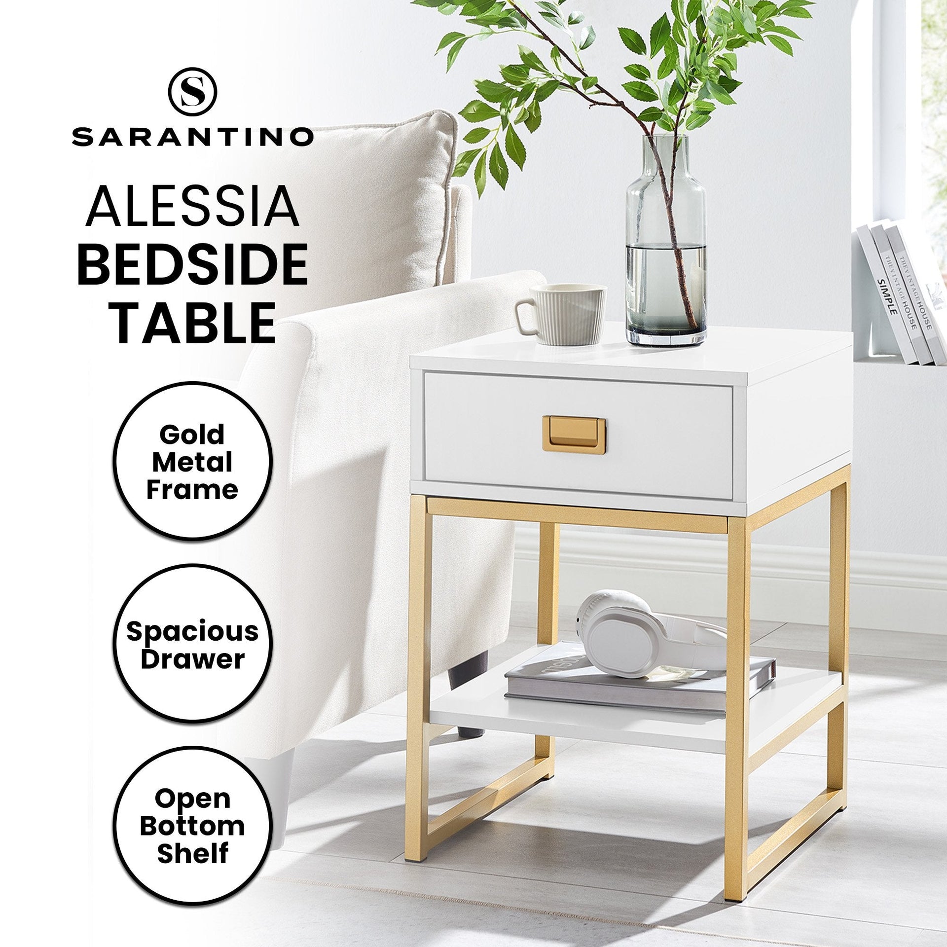 Sarantino Alessia Bedside Table In White/gold Sarantino