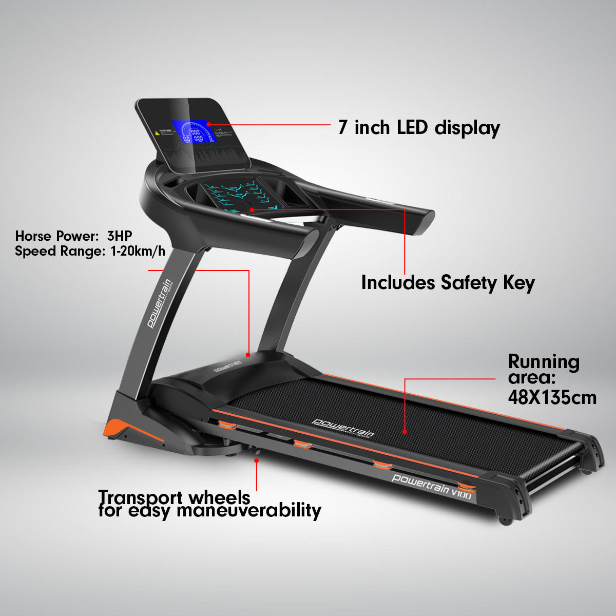 Powertrain V100 Foldable Treadmill Auto Incline Home Gym Cardio Powertrain