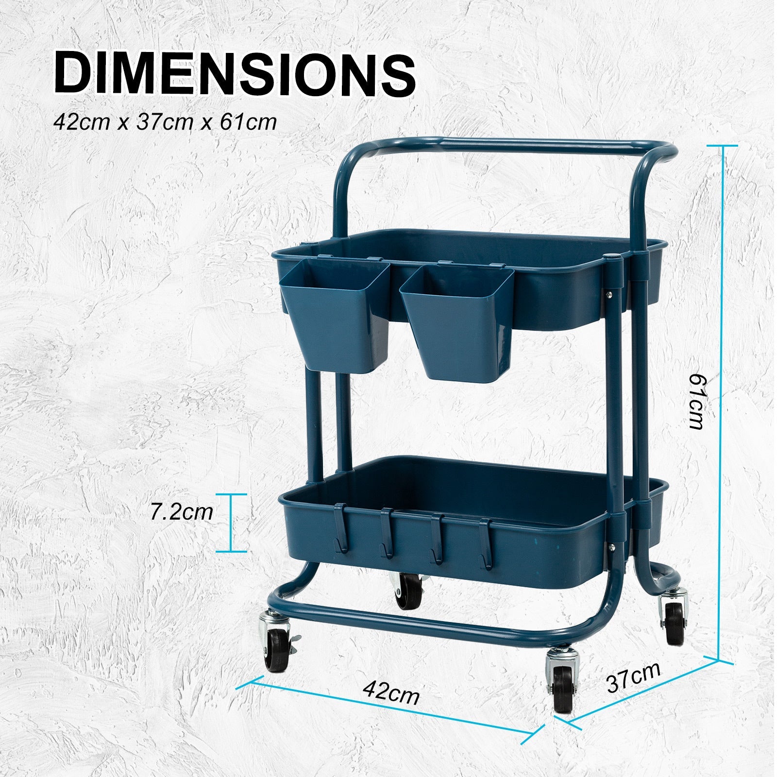 Kandoka 2 Tier Blue Trolley Cart Storage Utility Rack Organiser Swivel Kitchen Kandaka