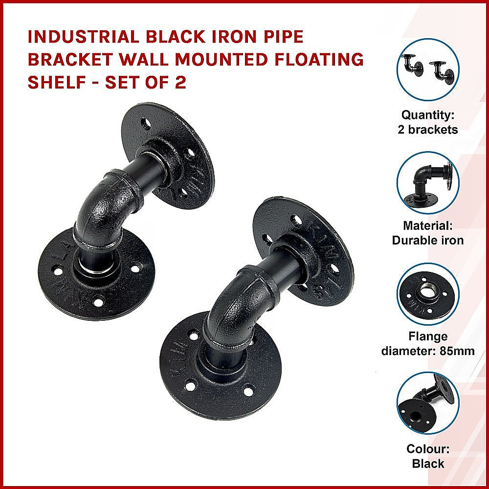 Industrial Black Iron Pipe Bracket Wall Mounted Floating Shelf - Set of 2 Does not apply