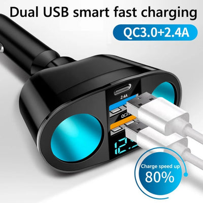 5-in-1 Car Charger Adapter with Digital Voltage Display – USB & Type-C Fast Charging For iPhone Samsung Xiaomi