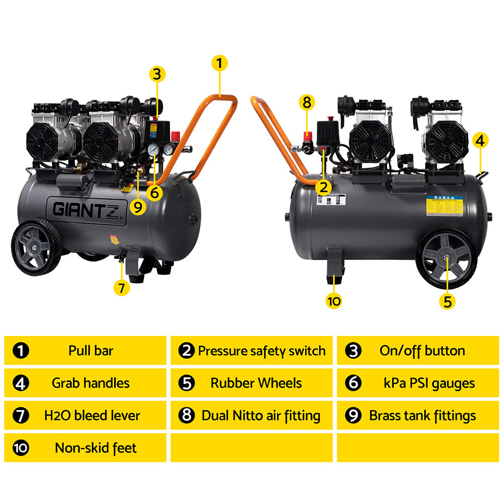 Giantz 50L Air Compressor 200L/min 3.0HP Oil-Free Quiet Electric Portable Air Inflator Giantz