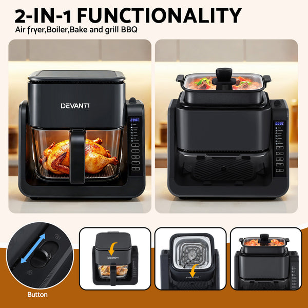 Devanti 2-IN-1 Air Fryer 5.5L Dual Zone Fryers Electric Cooker with Top BBQ Grill & Bot Awezingly