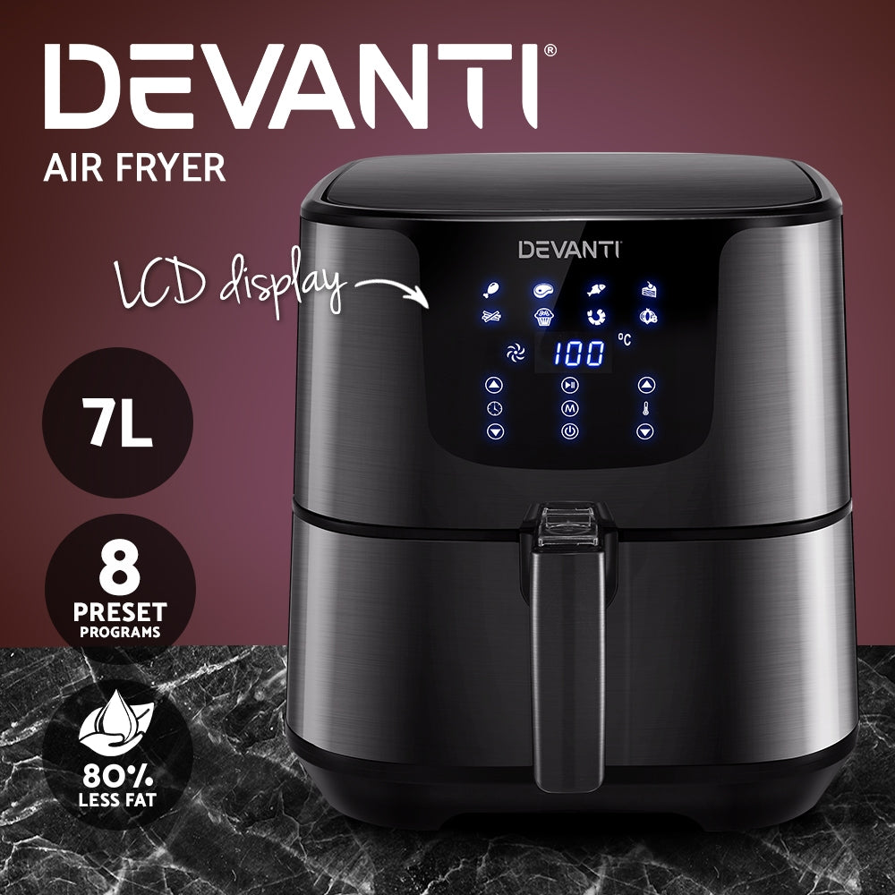 Devanti Air Fryer 7L LCD Fryers Oven Airfryer Kitchen Healthy Cooker Stainless Steel Devanti