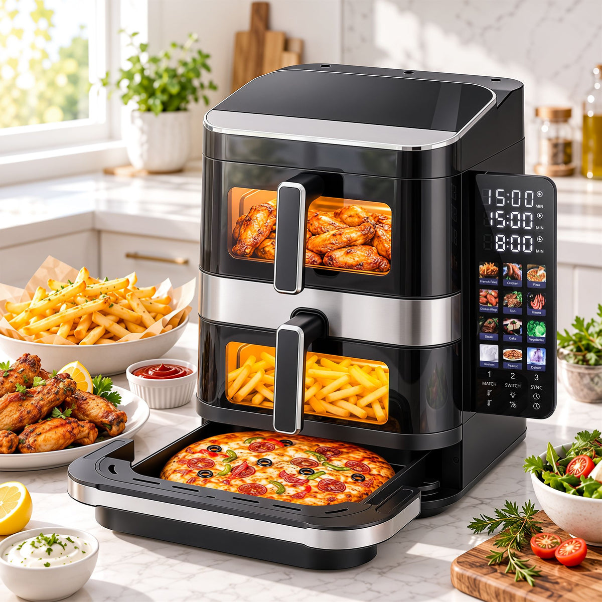 Devanti 12L Air Fryer Dual Basket Stacked 10 Inch Pizza Maker 2800W Touch Black Awezingly