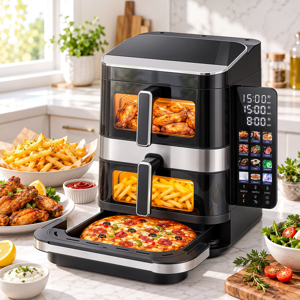 Devanti 12L Air Fryer Dual Basket Stacked 10 Inch Pizza Maker 2800W Touch Black Awezingly