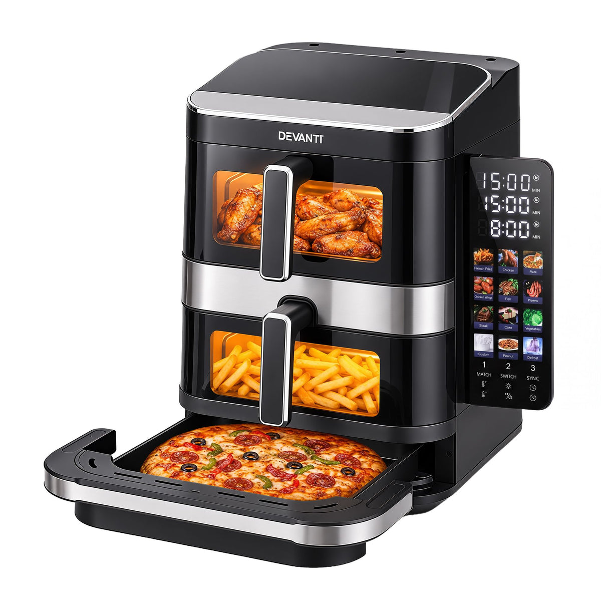 Devanti 12L Air Fryer Dual Basket Stacked 10 Inch Pizza Maker 2800W Touch Black Awezingly