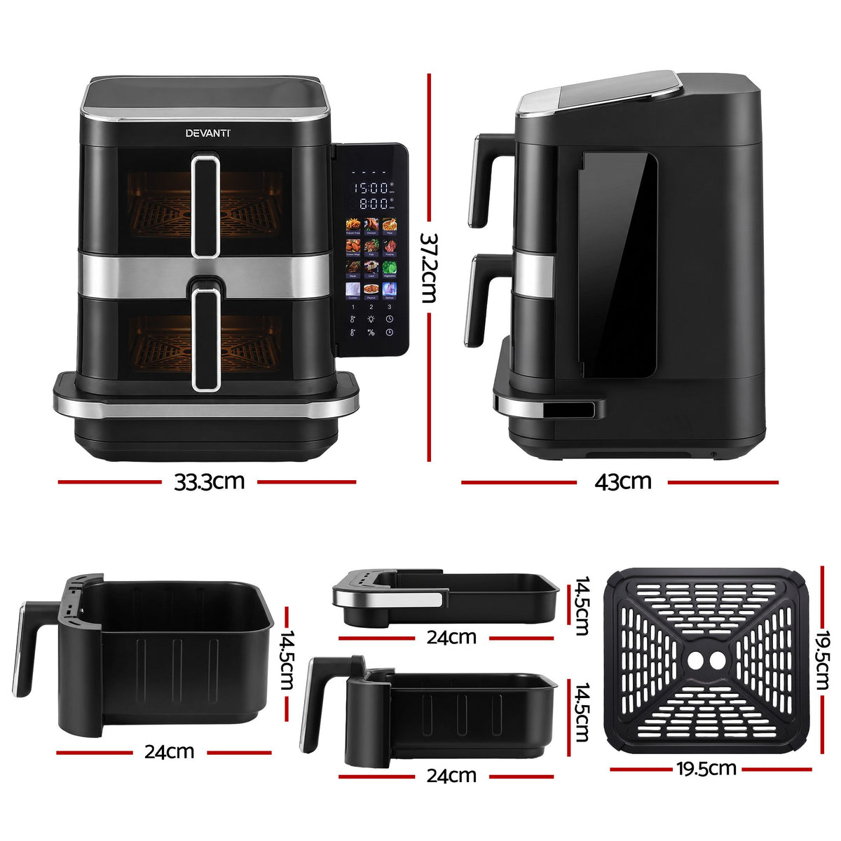 Devanti 12L Air Fryer Dual Basket Stacked 10 Inch Pizza Maker 2800W Touch Black Awezingly