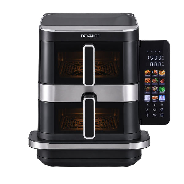 Devanti 12L Air Fryer Dual Basket Stacked 10 Inch Pizza Maker 2800W Touch Black Awezingly
