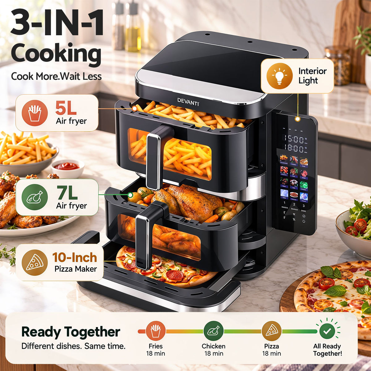 Devanti 12L Air Fryer Dual Basket Stacked 10 Inch Pizza Maker 2800W Touch Black Awezingly