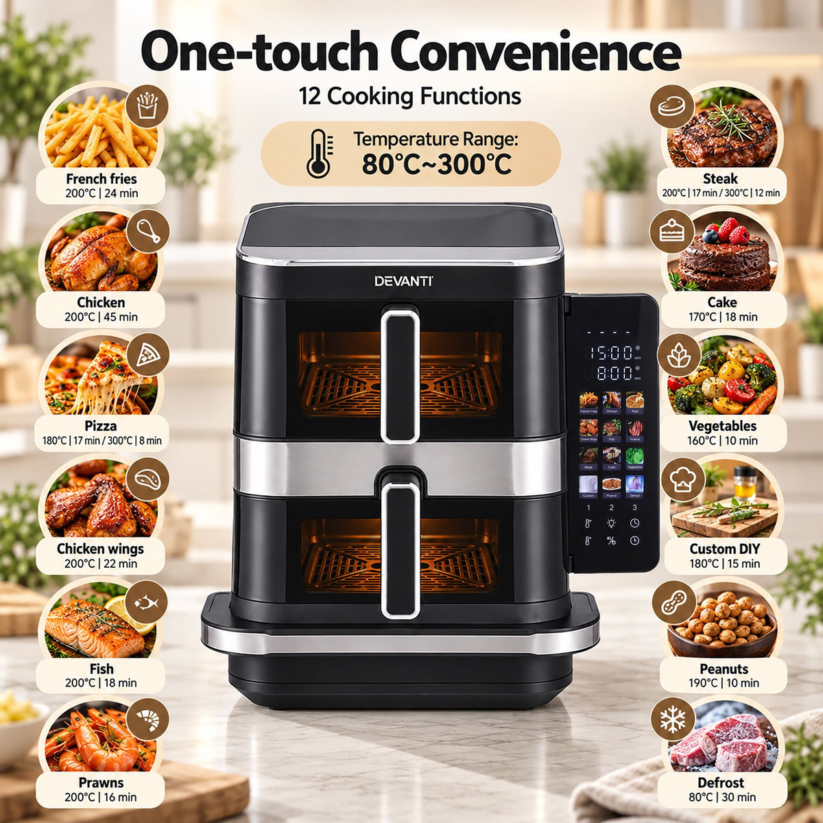 Devanti 12L Air Fryer Dual Basket Stacked 10 Inch Pizza Maker 2800W Touch Black Awezingly