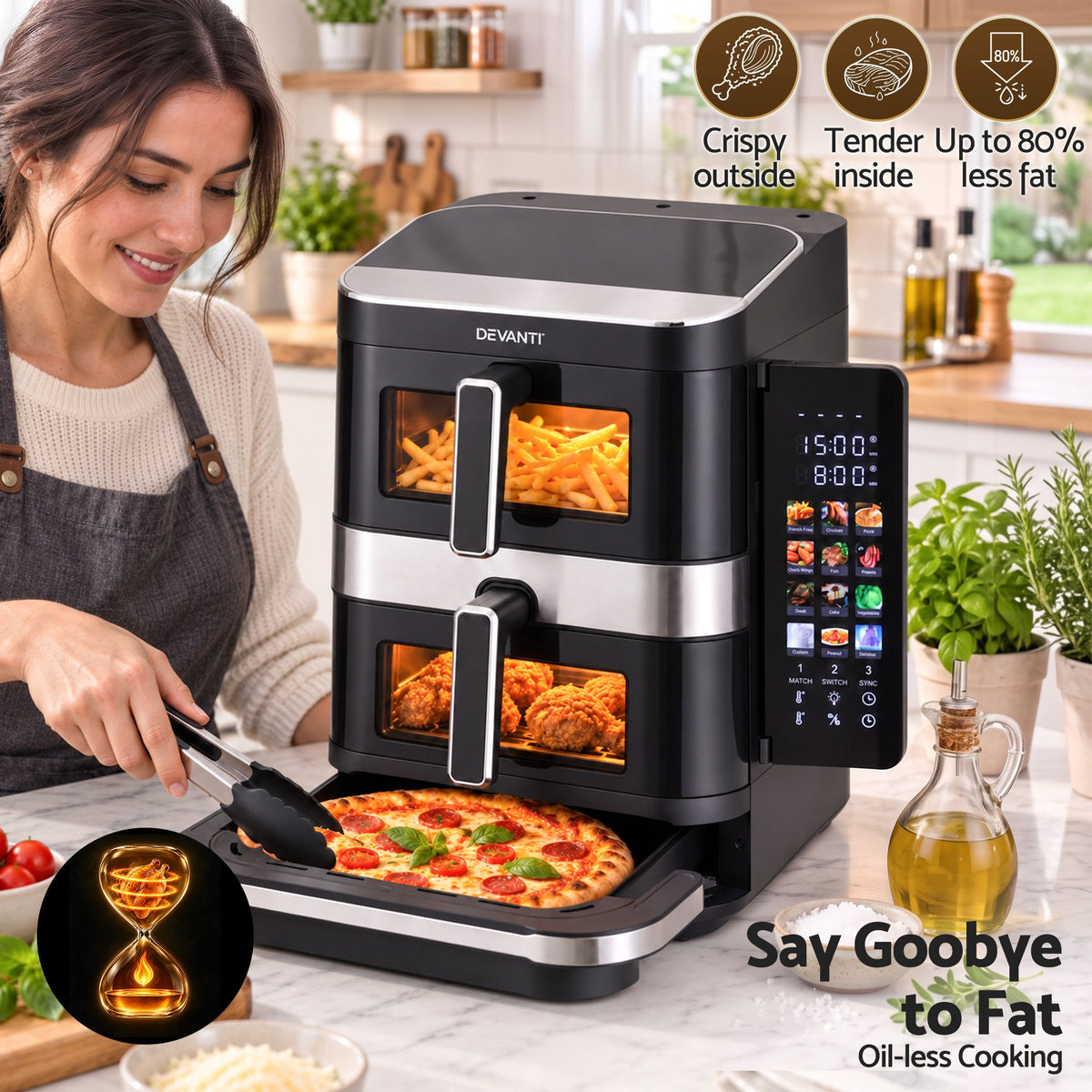 Devanti 12L Air Fryer Dual Basket Stacked 10 Inch Pizza Maker 2800W Touch Black Awezingly
