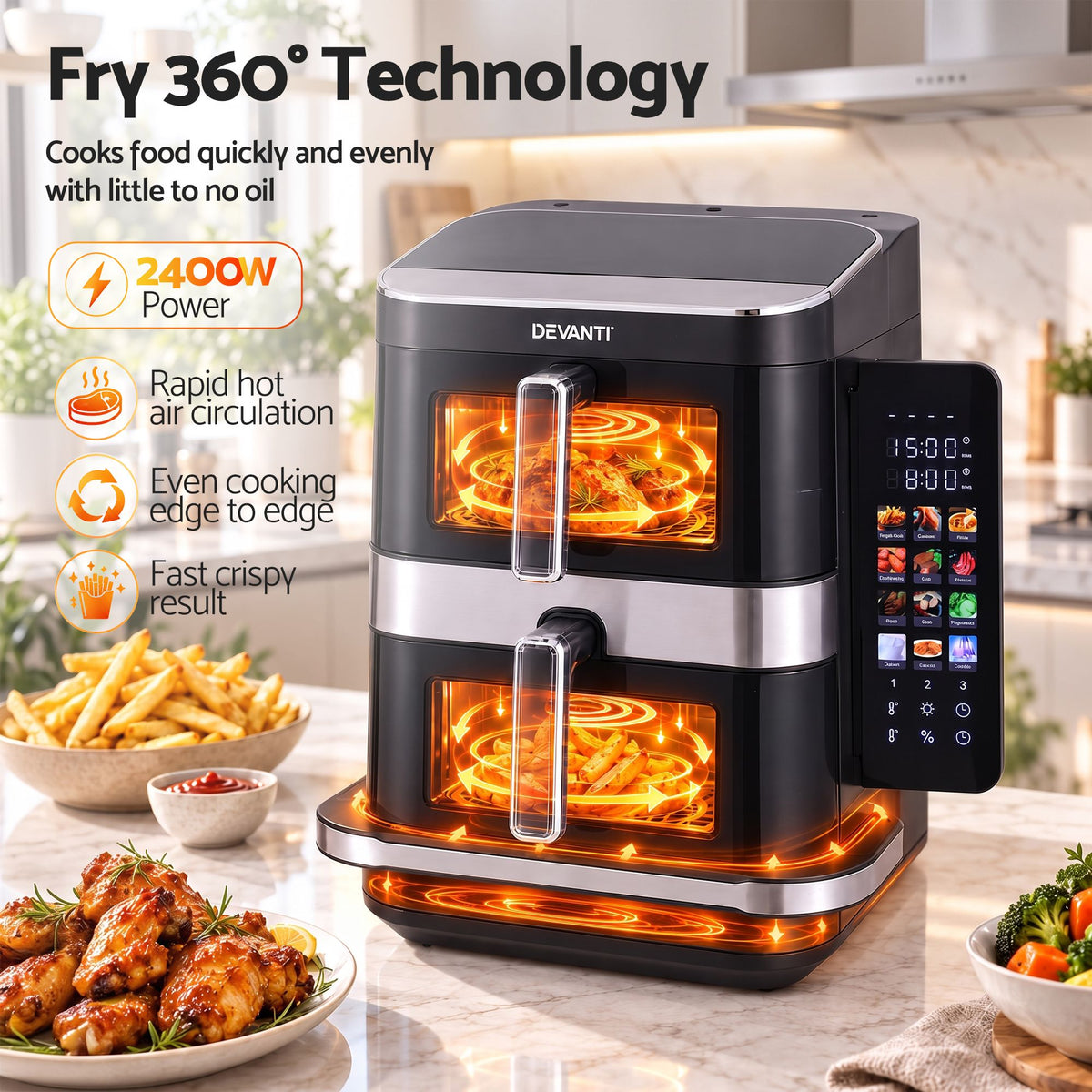 Devanti 12L Air Fryer Dual Basket Stacked 10 Inch Pizza Maker 2800W Touch Black Awezingly