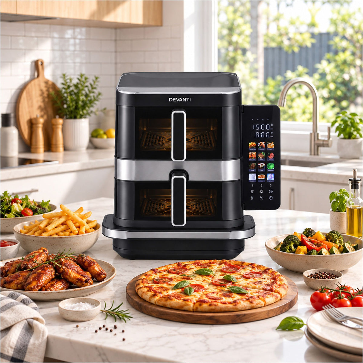 Devanti 12L Air Fryer Dual Basket Stacked 10 Inch Pizza Maker 2800W Touch Black Awezingly