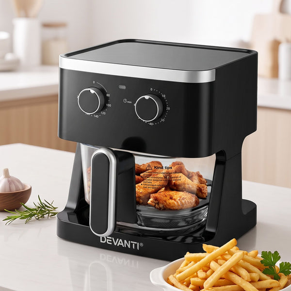 Devanti 4.5L Glass Air Fryer Kitchen Oven Knob Control 1350W Healthy Cooker Black Awezingly