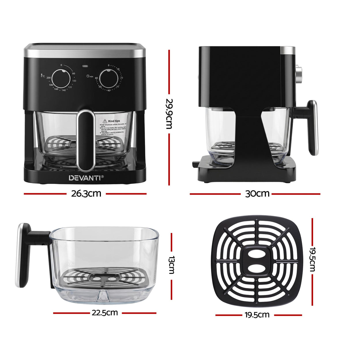 Devanti 4.5L Glass Air Fryer Kitchen Oven Knob Control 1350W Healthy Cooker Black Awezingly