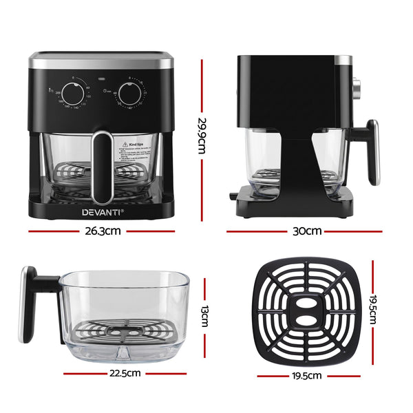 Devanti 4.5L Glass Air Fryer Kitchen Oven Knob Control 1350W Healthy Cooker Black Awezingly