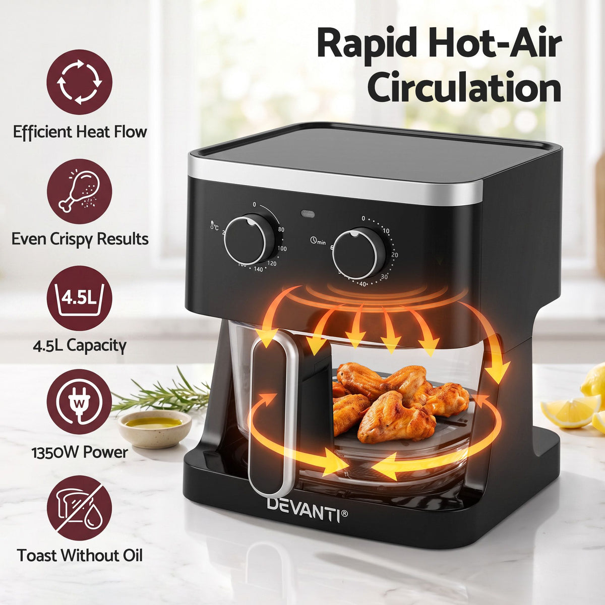 Devanti 4.5L Glass Air Fryer Kitchen Oven Knob Control 1350W Healthy Cooker Black Awezingly