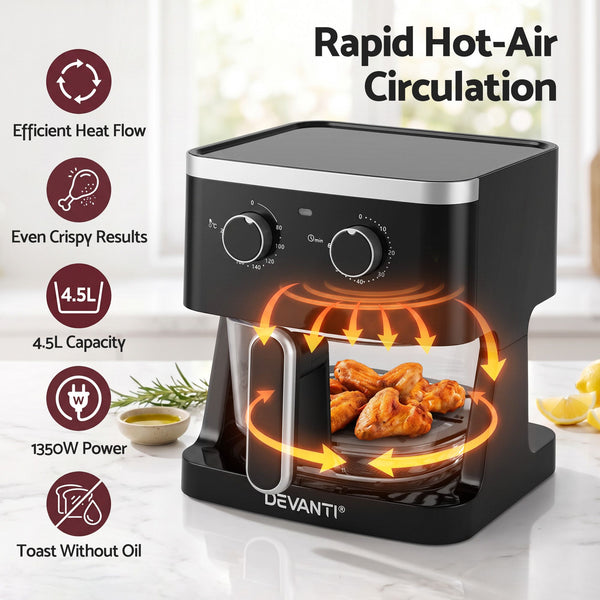 Devanti 4.5L Glass Air Fryer Kitchen Oven Knob Control 1350W Healthy Cooker Black Awezingly