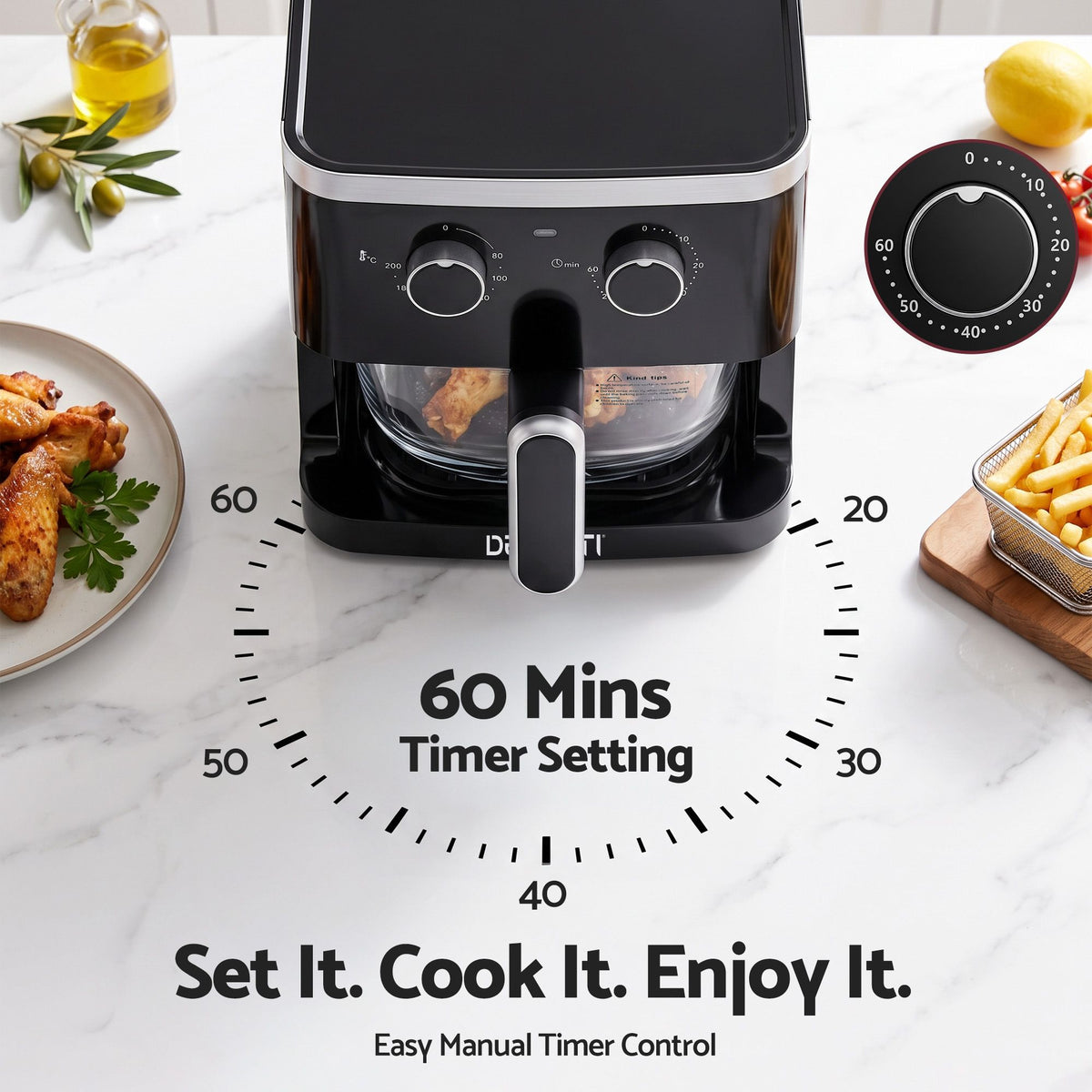 Devanti 4.5L Glass Air Fryer Kitchen Oven Knob Control 1350W Healthy Cooker Black Awezingly