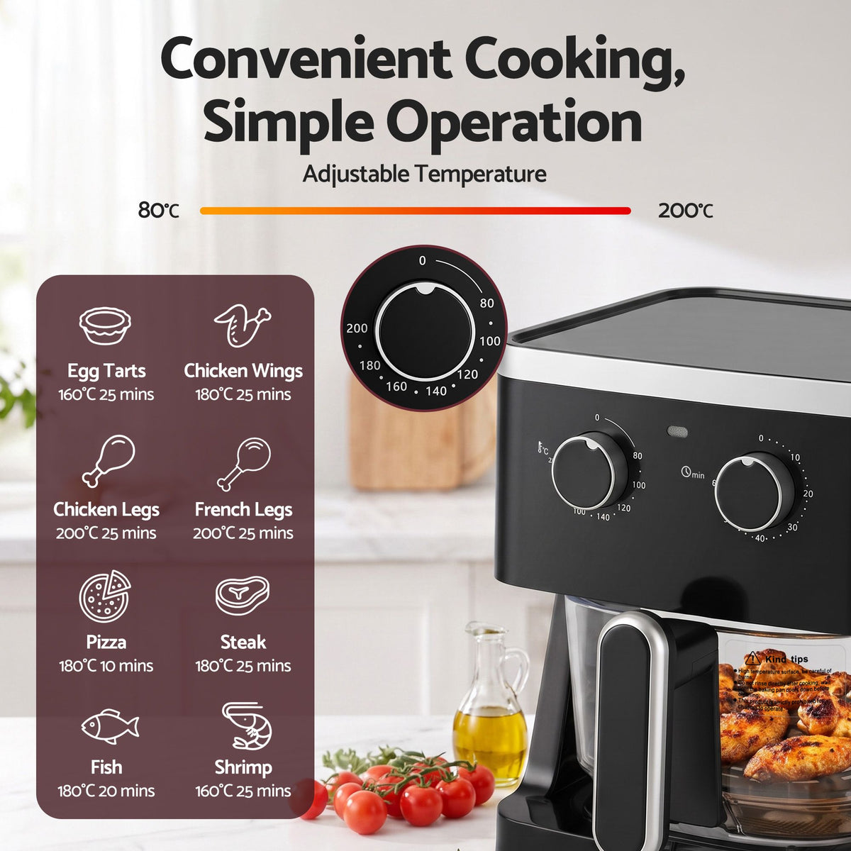 Devanti 4.5L Glass Air Fryer Kitchen Oven Knob Control 1350W Healthy Cooker Black Awezingly