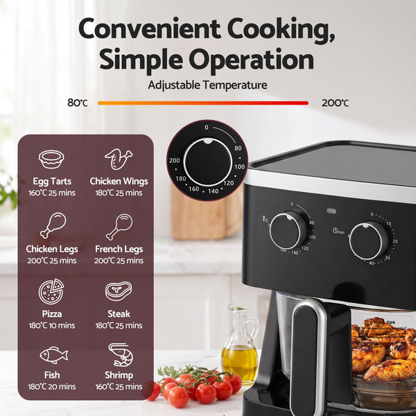Devanti 4.5L Glass Air Fryer Kitchen Oven Knob Control 1350W Healthy Cooker Black Awezingly
