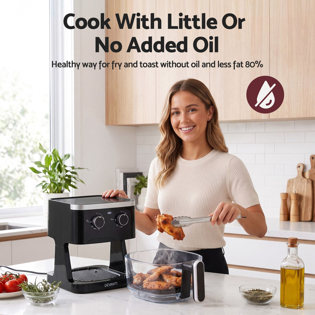 Devanti 4.5L Glass Air Fryer Kitchen Oven Knob Control 1350W Healthy Cooker Black Awezingly