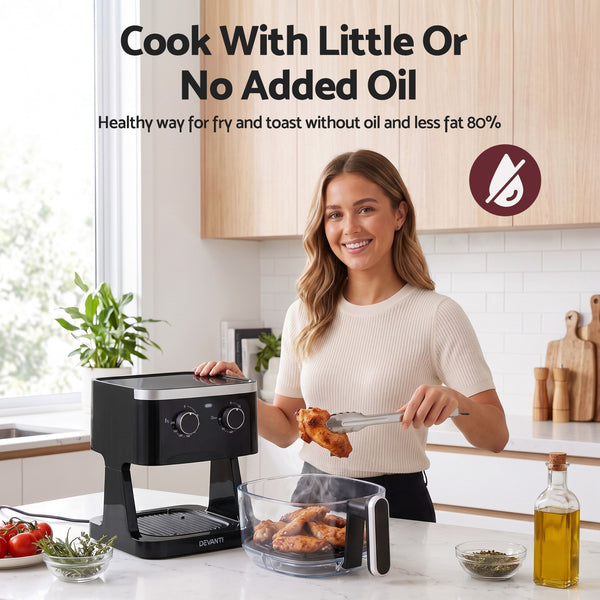 Devanti 4.5L Glass Air Fryer Kitchen Oven Knob Control 1350W Healthy Cooker Black Awezingly