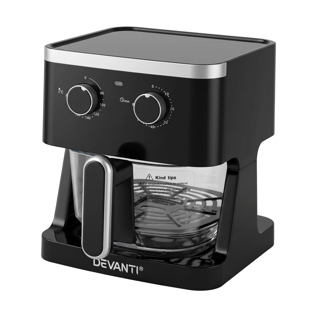 Devanti 4.5L Glass Air Fryer Kitchen Oven Knob Control 1350W Healthy Cooker Black Awezingly